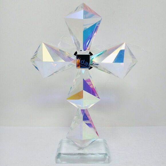 NWT Vidali Iridescent 8.5" Tall Crystal Cross Paperweight Wedding Baptism Decor - Picture 3 of 7